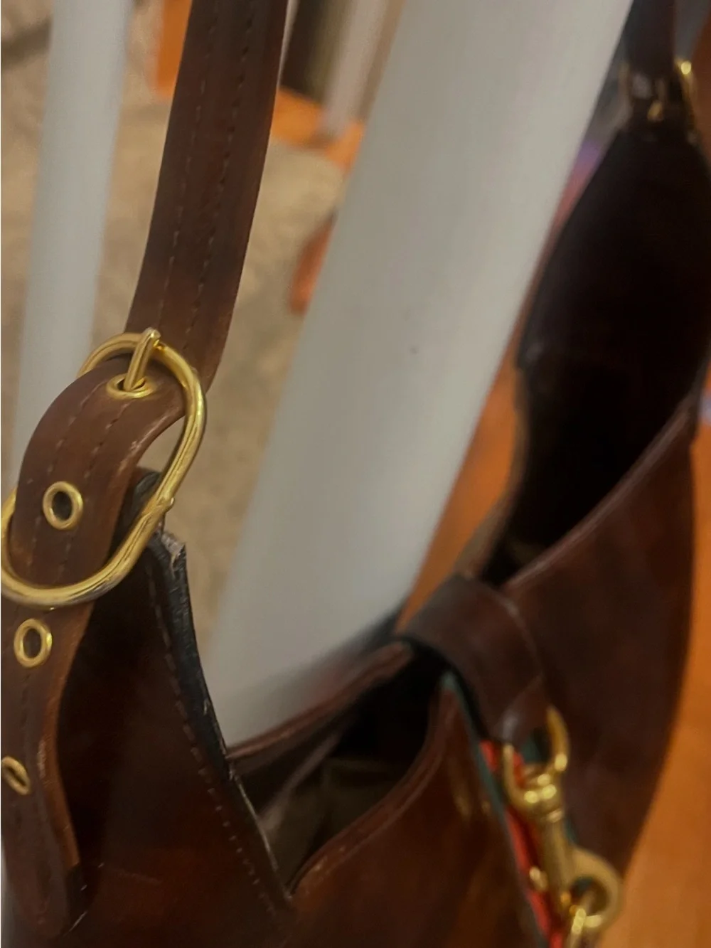 Riviera Dark Brown Leather Hobo with Red and Green Stripe & Gold Accent